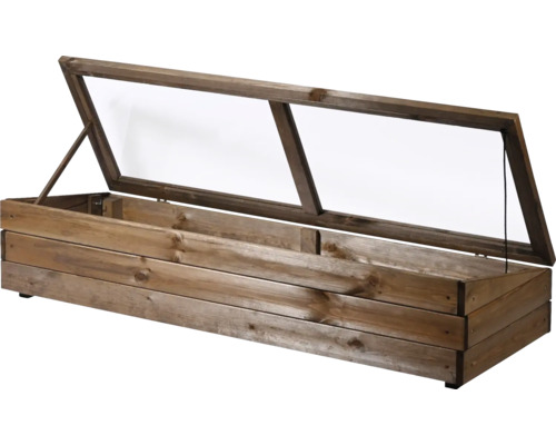 Hochbeet mit Holzrahmen und geöffnetem Glasdeckel für den Garten