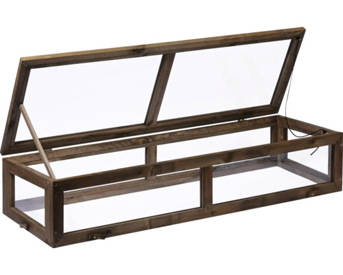 Frühbeet aus Holz mit geöffnetem Deckel