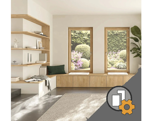 Fenêtre sur mesure Configurateur de fenêtre ARON Séjour avec deux fenêtres en bois et vue sur le jardin