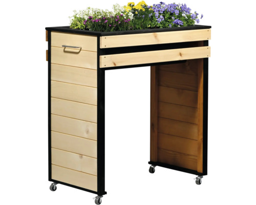 Jardinière en bois sur roulettes avec poignée en métal