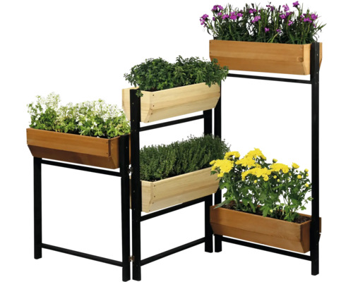 Jardinière à plusieurs niveaux en bois et métal avec des plantes