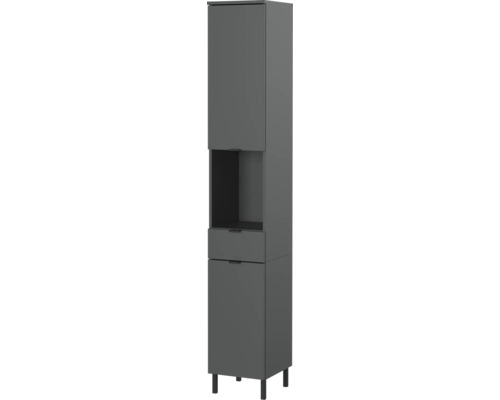 Armoire haute avec porte, tiroir et compartiment ouvert pour salle de bains