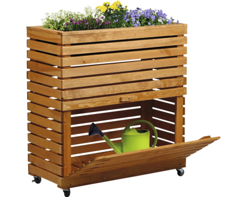 Jardinière en bois avec espace de rangement et arrosoir