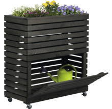 Hochbeet mit Stauraum aus Holz und bepflanzt mit Blumen