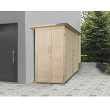 Armoire de jardin en bois avec portes battantes et poignées en métal à côté d''une porte