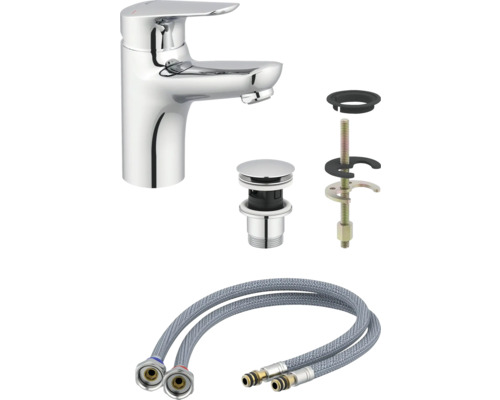 Armatur, Ablaufgarnitur und Anschlussschläuche für Waschbecken