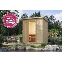 Aussensauna aus Holz mit geöffneter Tür und Expresslieferung