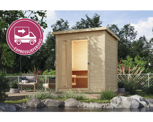 Aussensauna aus Holz mit geöffneter Tür und Expresslieferung