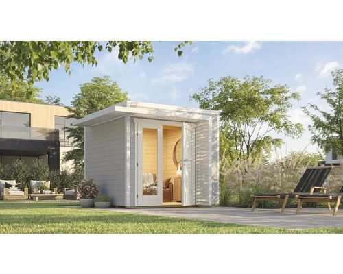 Gartenhaus weka Amberley 28 mm inkl. Fußboden 300 x 303 cm grau-weiß Modernes Gartenhaus mit geöffneten Türen, umgeben von Rasen und Pflanzen.