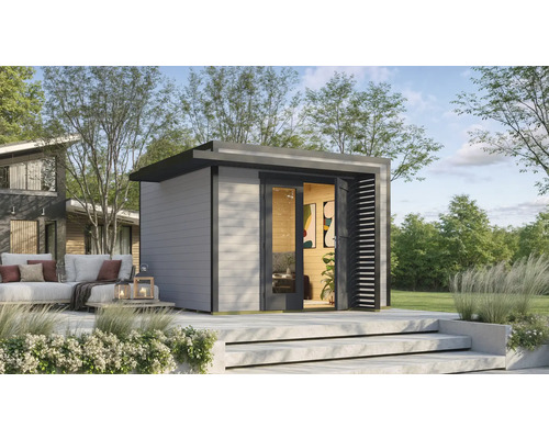 Abri de jardin weka Amberley 28 mm y compris plancher 350 x 353 cm gris-anthracite Abri de jardin moderne avec porte ouverte et terrasse attenante dans le jardin.
