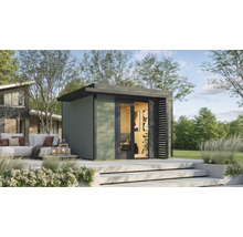 Abri de jardin moderne avec toit plat et porte double sur une terrasse