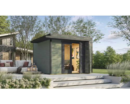 Abri de jardin weka Amberley 28 mm y compris plancher 350 x 353 cm gris vert-anthracite Abri de jardin moderne avec toit plat et porte double sur une terrasse
