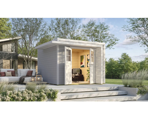 Abri de jardin weka Amberley 28 mm y compris plancher, porte à croisillon 350 x 353 cm gris-blanc Abri de jardin moderne avec double porte et terrasse