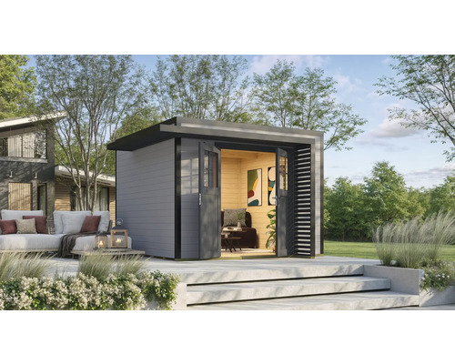 Abri de jardin weka Amberley 28 mm y compris plancher, porte à croisillon 350 x 353 cm gris-anthracite Abri de jardin moderne avec toit plat, portes coulissantes et coin salon extérieur sur terrasse surélevée