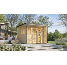 Abri de jardin en bois avec double porte sur terrasse