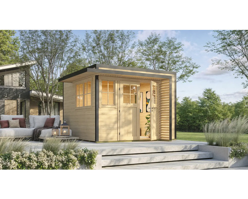 Abri de jardin en bois avec double porte sur terrasse