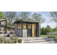 Gartenszene mit einem modernen Gartenhaus aus Holz mit Flachdach und einer Sitzecke im Hintergrund.