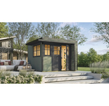 Abri de jardin moderne avec toit plat, fenêtres et double porte sur une terrasse