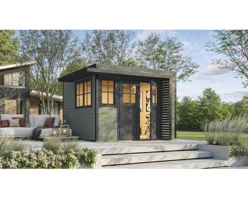 Abri de jardin weka Amberley 28 mm y compris plancher, fenêtre 350 x 353 cm graugrün-anthrazit Abri de jardin moderne avec toit plat, fenêtres et double porte sur une terrasse
