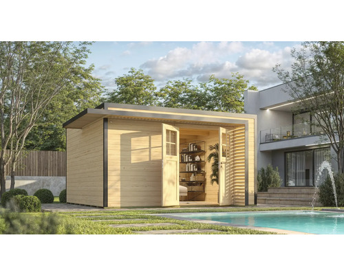 Abri de jardin weka Amberley 44 mm y compris plancher 450 x 455 cm naturel Abri de jardin en bois avec portes doubles ouvertes à côté d'une piscine