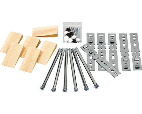Kit de matériel de montage avec chevilles, vis, capuchons, cales en bois et équerres métalliques