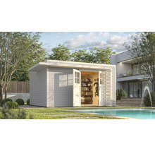 Abri de jardin moderne avec portes doubles ouvertes et intérieur lumineux à côté d'une piscine