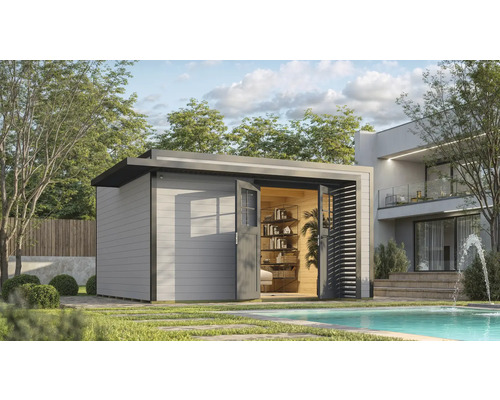 Abri de jardin weka Amberley 44 mm y compris plancher 450 x 455 cm gris-anthracite Abri de jardin avec porte ouverte à côté d'une piscine et d'arbres