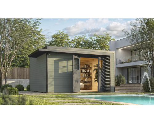 Abri de jardin weka Amberley 44 mm y compris plancher 450 x 455 cm gris vert-anthracite Abri de jardin avec portes doubles ouvertes à côté d'une piscine