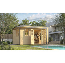 Jardin avec cabanon de jardin en bois moderne et piscine