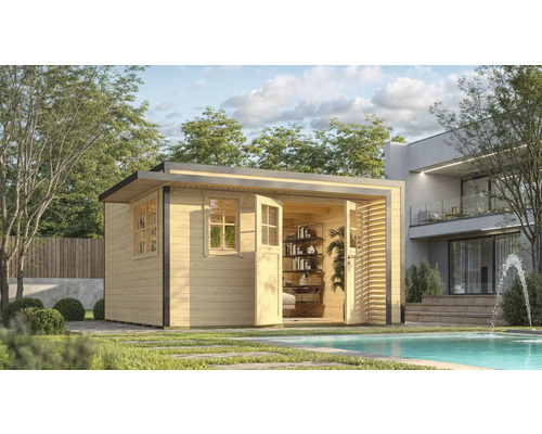 Jardin avec cabanon de jardin en bois moderne et piscine