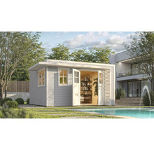 Abri de jardin moderne avec portes ouvertes et vue sur une étagère