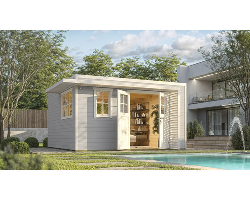 Abri de jardin weka Amberley 44 mm y compris plancher, fenêtre 450 x 455 cm gris-blanc Abri de jardin moderne avec portes ouvertes et vue sur une étagère