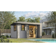 Scène de jardin avec abri de jardin en bois moderne, à côté d'une piscine.