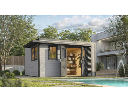 Abri de jardin weka Amberley 44 mm y compris plancher, fenêtre 450 x 455 cm gris-anthracite Scène de jardin avec abri de jardin en bois moderne, à côté d'une piscine.