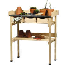 Table de jardin avec plan de travail, tiroirs et étagères pour accessoires de jardin