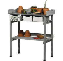 Table de rempotage grise avec étagères et tiroirs pour outils de jardin et pots de fleurs