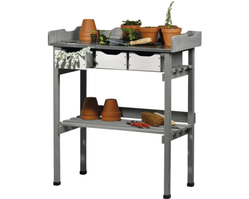 Pflanztisch mit Schublade 88 cm grau Grauer Pflanztisch mit Ablageflächen und Schubladen für Gartengeräte und Blumentöpfe
