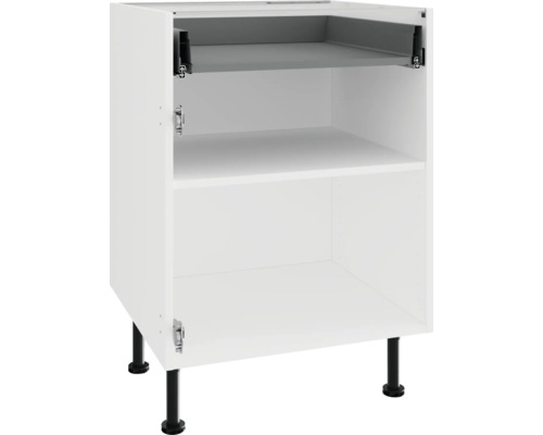PICCANTE Smart Unterschrankkorpus für 1 Drehtür und 1 Schubkasten BxTxH 60 x 55,5 x 70,4 cm weiss zerlegt "Nr. 19" Weißer Unterschrank mit zwei Regalböden und schwarzen Füßen.