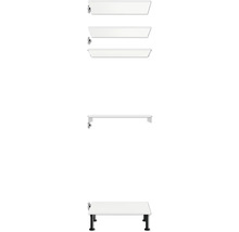 Weisser Waschbeckenunterschrank mit vier Schubladen und schwarzen Füssen.