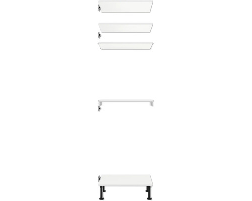 Weisser Waschbeckenunterschrank mit vier Schubladen und schwarzen Füssen.