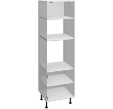 Armoire haute ouverte avec plusieurs étagères et pieds réglables