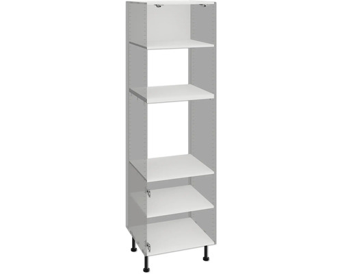 Armoire haute ouverte avec plusieurs étagères et pieds réglables