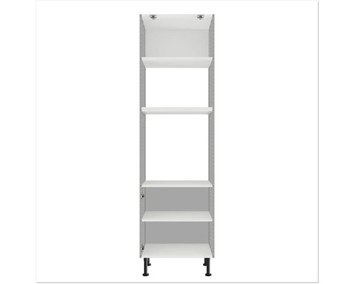 Armoire de cuisine ouverte avec plusieurs étagères et pieds.
