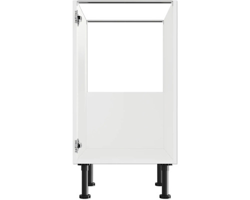 Meuble bas de cuisine avec porte ouverte et pieds réglables