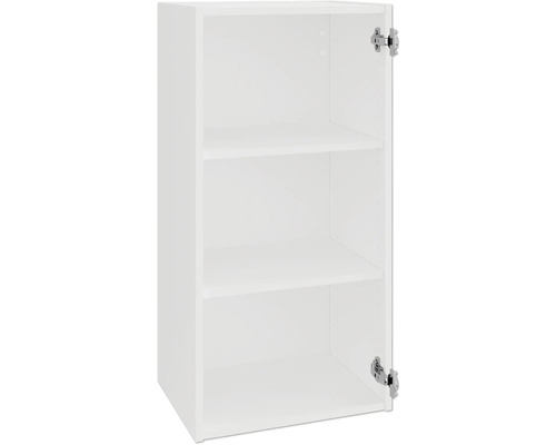 PICCANTE Smart Corps d'armoire suspendue lxpxh 45 x 33 x 89,6 cm blanc démonté « N° 8 » Meuble haut blanc avec deux étagères et une porte ouverte.