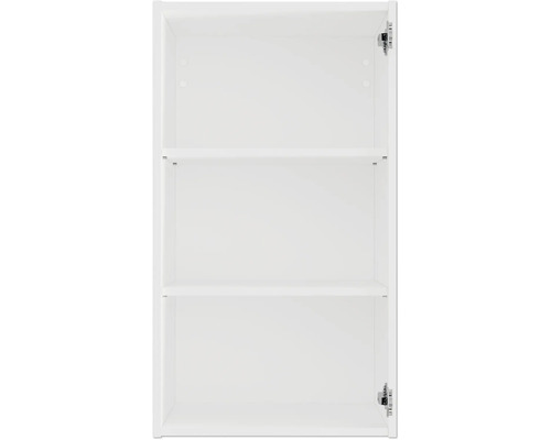 Armoire de salle de bains blanche ouverte avec deux étagères pour le rangement de la salle de bains