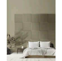 Schlafzimmer mit Akustikpaneel-Wand, Bett und Nachttisch