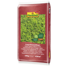 Engrais gazon longue durée FloraSelf en sac de 18 kilogrammes pour 450 mètres carrés de pelouse