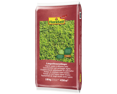 Engrais longue durée pour gazon FloraSelf Select 18 kg / 450 m² engrais minéral Engrais gazon longue durée FloraSelf en sac de 18 kilogrammes pour 450 mètres carrés de pelouse