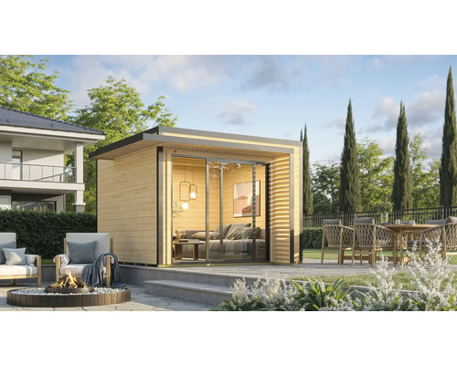 Gartenhaus weka Amberley 28 mm inkl. Fußboden 350 x 353 cm natur Gartenansicht mit Holzgartenhaus, Sitzecke und Feuerstelle für eine gemütliche Atmosphäre